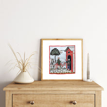 Indlæs billede til gallerivisning Farvelagt tegning fra middelalderen der viser en ølstue
