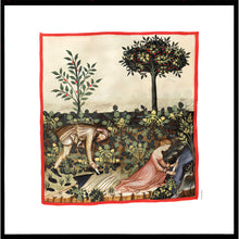 Indlæs billede til gallerivisning Farvelagt tegning fra middelalderen der viser arbejdet i en køkkenhave
