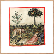 Farvelagt tegning fra middelalderen der viser arbejdet i en køkkenhave