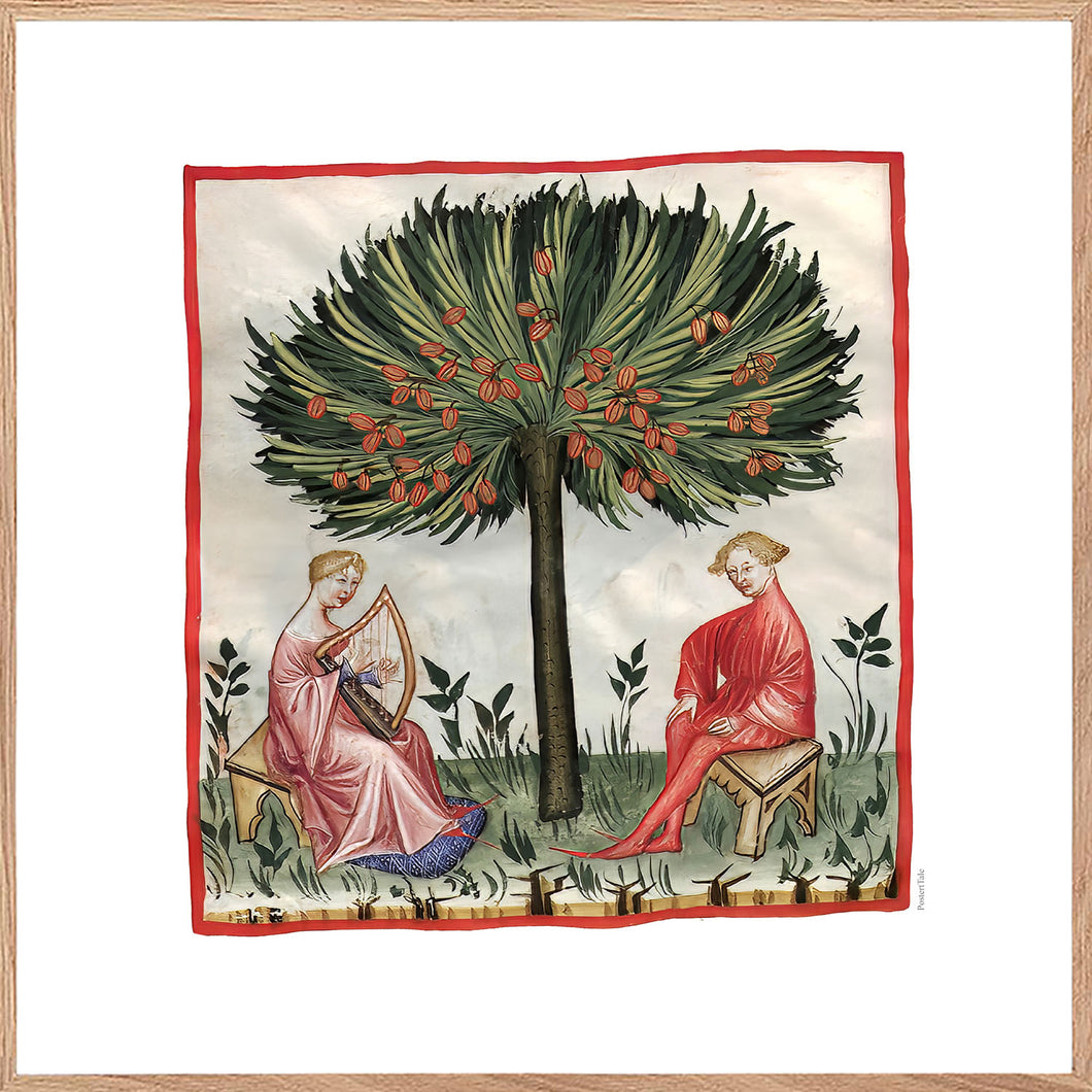 Farvelagt tegning fra middelalderen der viser romantik mellem to unge