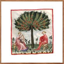 Indlæs billede til gallerivisning Farvelagt tegning fra middelalderen der viser romantik mellem to unge
