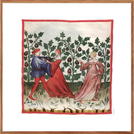 Farvelagt tegning fra middelalderen der viser et dansende par