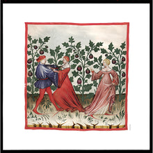 Indlæs billede til gallerivisning Farvelagt tegning fra middelalderen der viser et dansende par
