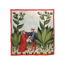 Indlæs billede til gallerivisning Farvelagt tegning fra middelalderen der viser to kvinder der høster grøntsager
