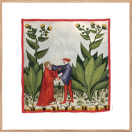 Farvelagt tegning fra middelalderen der viser to kvinder der høster grøntsager