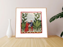 Indlæs billede til gallerivisning Farvelagt tegning fra middelalderen der viser to kvinder der høster grøntsager
