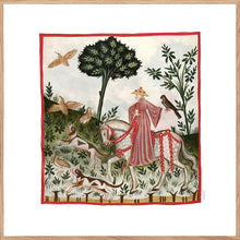 Indlæs billede til gallerivisning Farvelagt tegning fra middelalderen der viser en mand på falkejaagt
