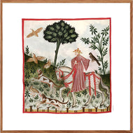 Farvelagt tegning fra middelalderen der viser en mand på falkejaagt