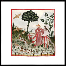 Indlæs billede til gallerivisning Farvelagt tegning fra middelalderen der viser en mand på falkejaagt
