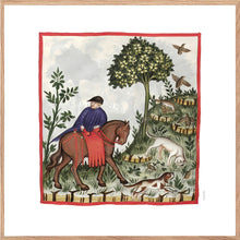 Indlæs billede til gallerivisning Farvelagt tegning fra middelalderen der viser en mand på jagt
