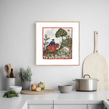 Indlæs billede til gallerivisning Farvelagt tegning fra middelalderen der viser en mand på jagt
