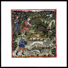 Indlæs billede til gallerivisning Faarvelagt tegning fra middelalderen der viser mænd på jagt
