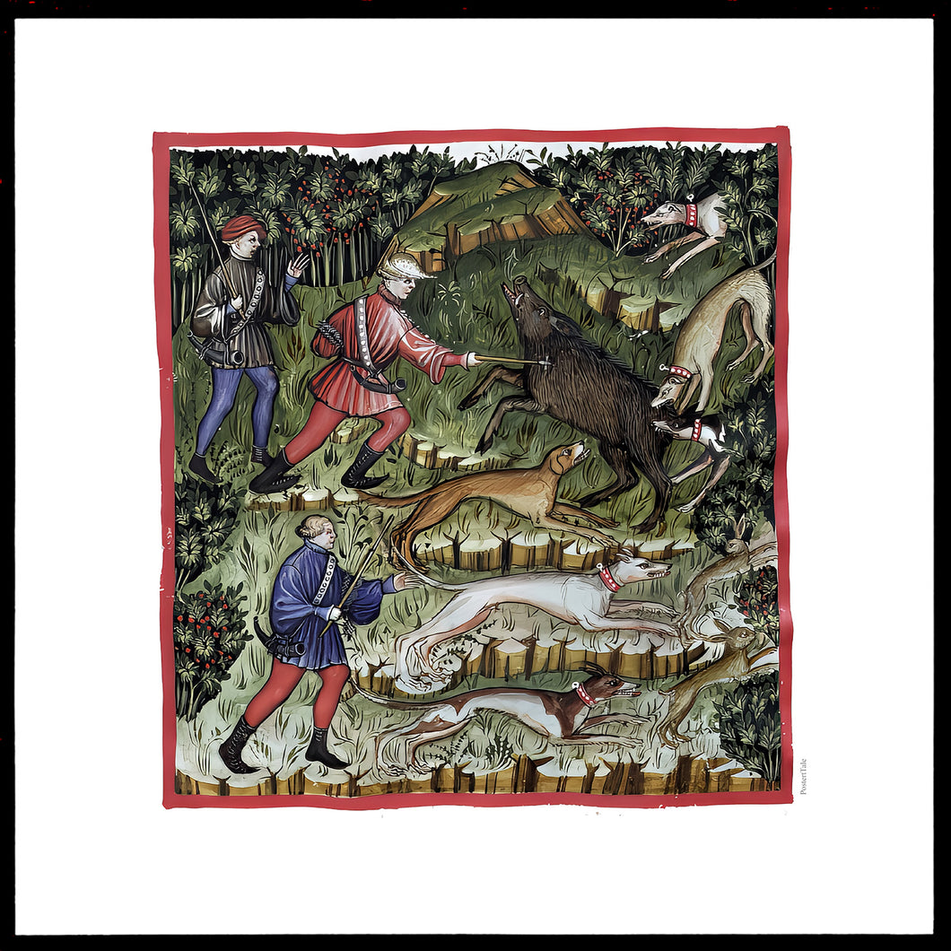 Faarvelagt tegning fra middelalderen der viser mænd på jagt