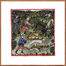 Indlæs billede til gallerivisning Faarvelagt tegning fra middelalderen der viser mænd på jagt
