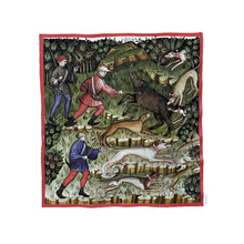 Indlæs billede til gallerivisning Faarvelagt tegning fra middelalderen der viser mænd på jagt
