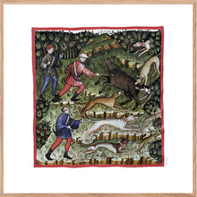 Indlæs billede til gallerivisning Faarvelagt tegning fra middelalderen der viser mænd på jagt
