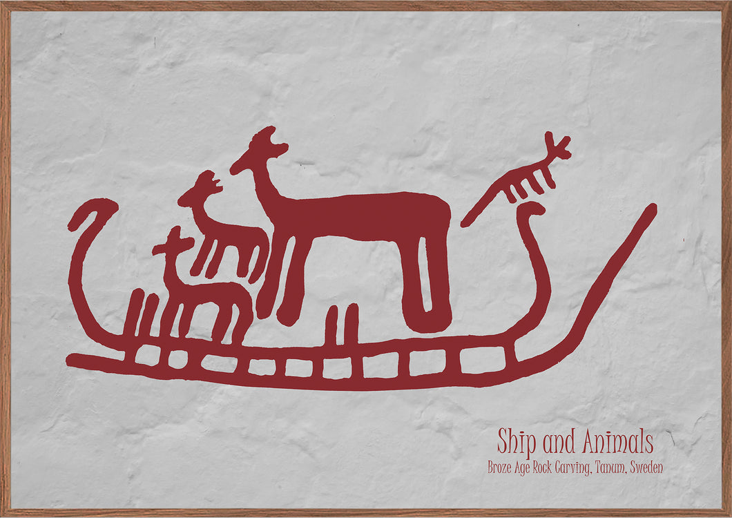 Plakat med helleristning – Skib og Dyr