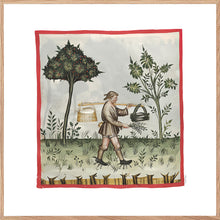 Indlæs billede til gallerivisning Farvelagt tegning fra middelalderen der viser en bonde der sår
