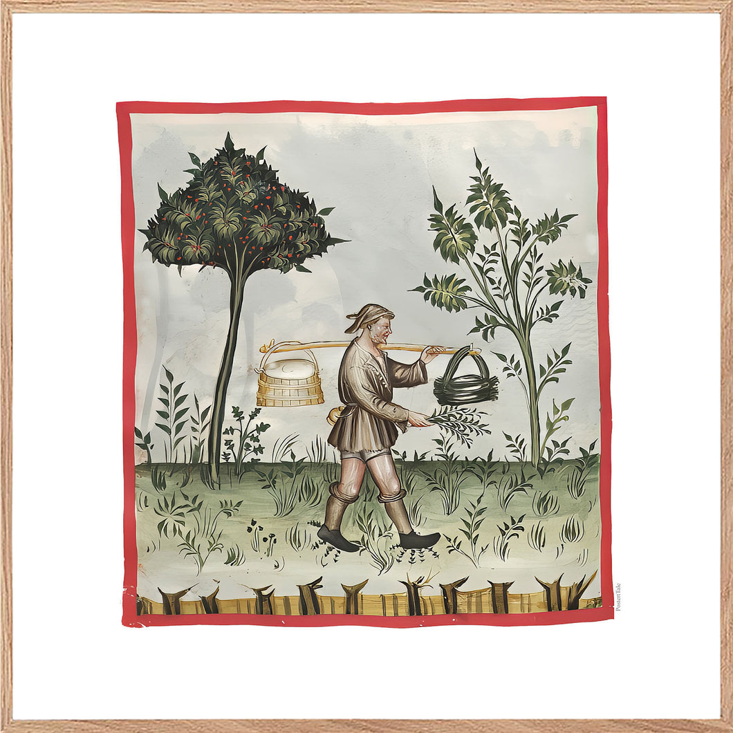 Farvelagt tegning fra middelalderen der viser en bonde der sår