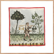 Farvelagt tegning fra middelalderen der viser en bonde der sår