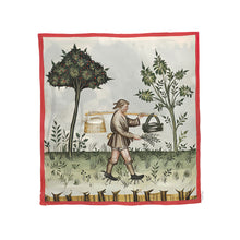 Indlæs billede til gallerivisning Farvelagt tegning fra middelalderen der viser en bonde der sår
