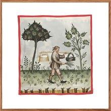 Indlæs billede til gallerivisning Farvelagt tegning fra middelalderen der viser en bonde der sår
