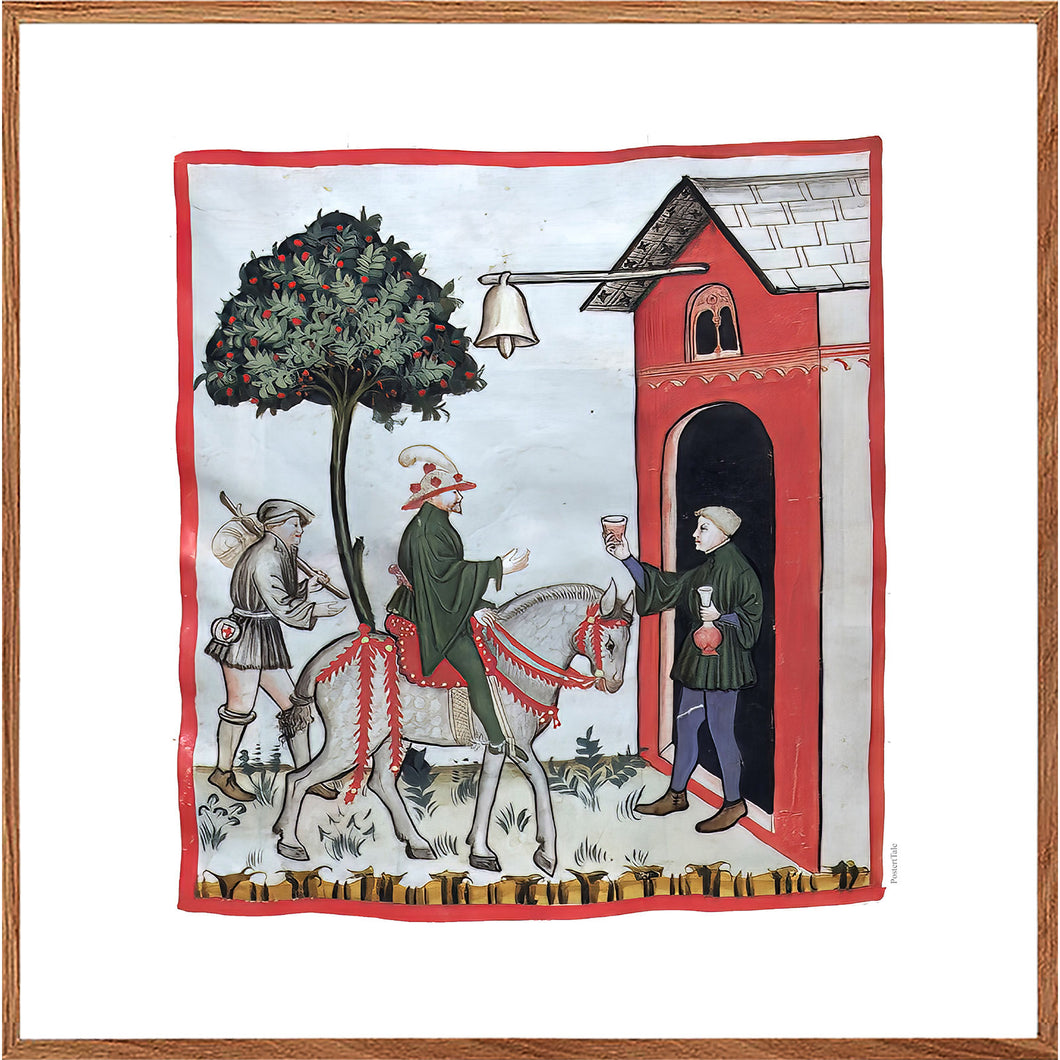 Farvelagt tegning fra middelalderen der viser en ølstue