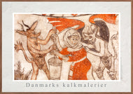 Plakat med kalkmaleriet 'drillende djævle' i Tuse Kirke, Danmark