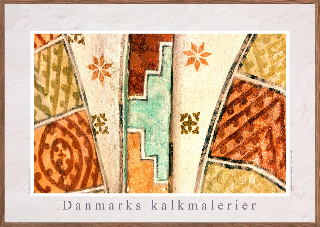 Plakat med kalkmaleri med geometrisk mønster fra Vester Broby Kirke, Danamrk