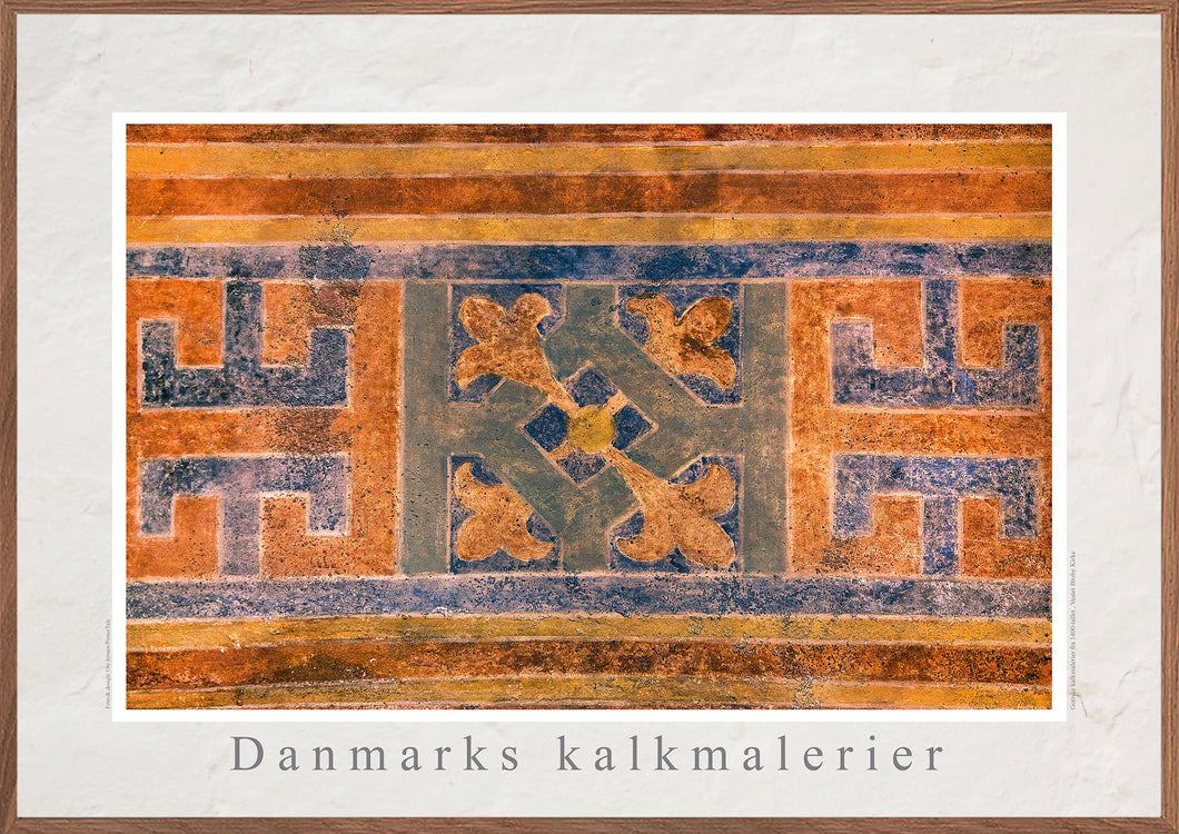 Plakat med kalkmaleri med geometrisk mønster fra Vester Broby Kirke, Danmark