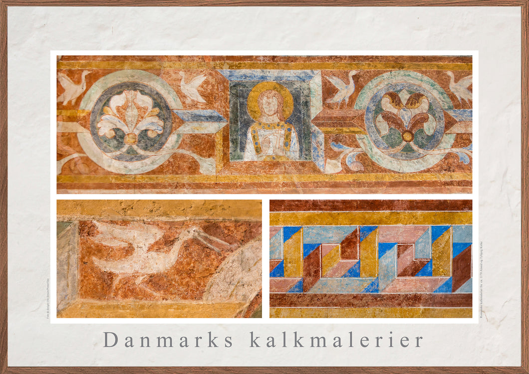 Plakat med flere kalkmalerier med romanske mønstre, Danmark