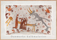 Plakat med et gotisk kalkmaler, der viser to sladrende kvinder og en djævel, Danmark